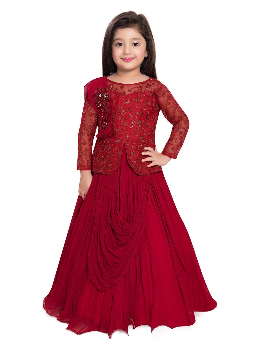 Maroon Coloured Embellished Georgette Saree Style Gown For Girls - Betty Ethnic India - Gown - Betty Girls Wear Online