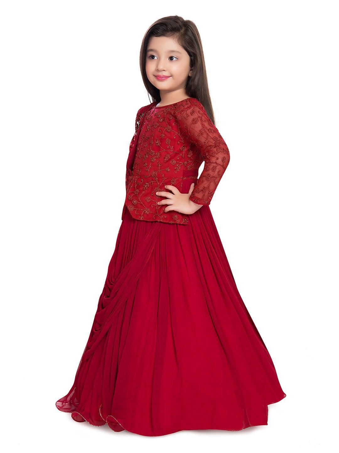 Maroon Coloured Embellished Georgette Saree Style Gown For Girls - Betty Ethnic India - Gown - Betty Girls Wear Online