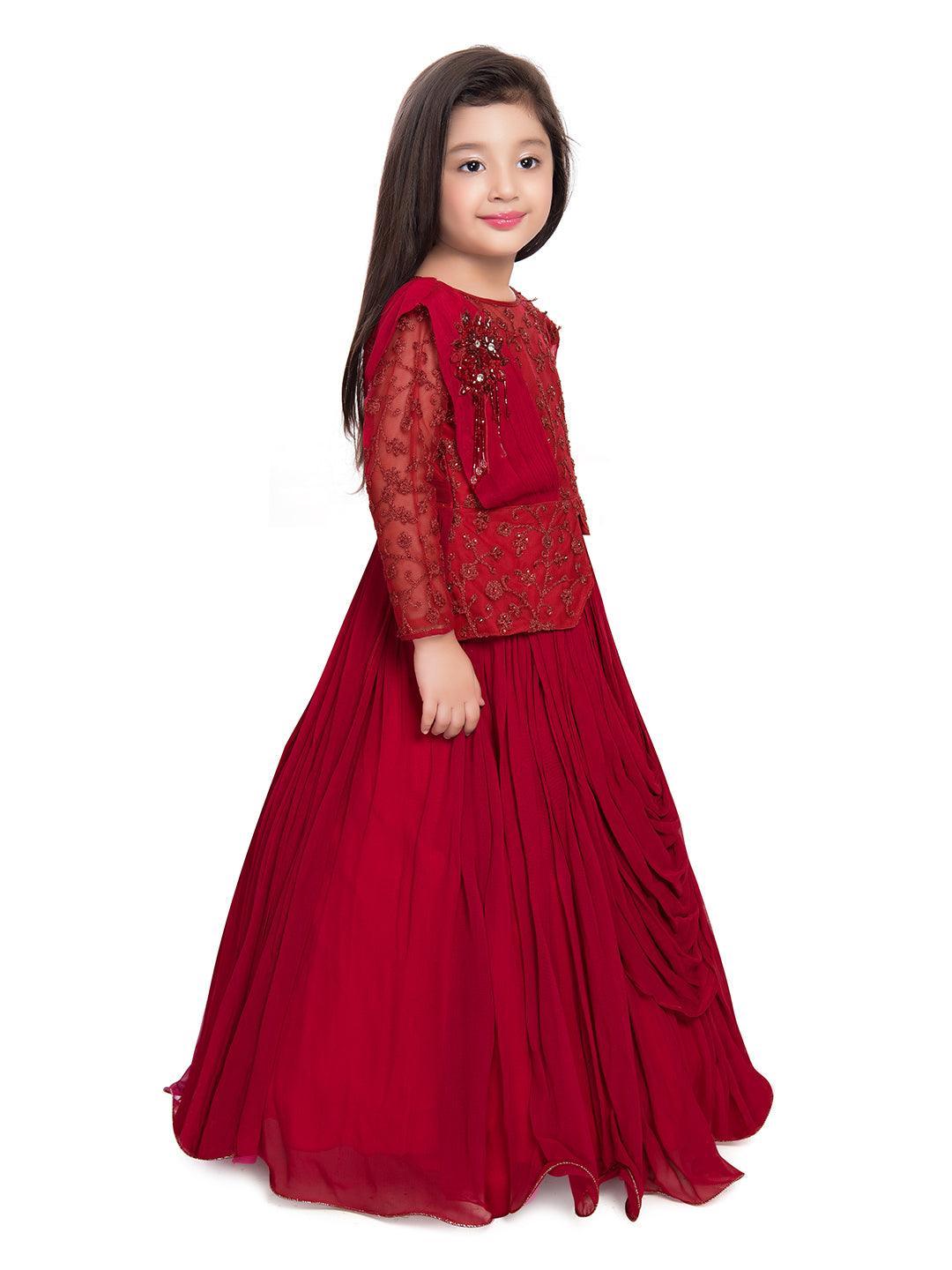 Maroon Coloured Embellished Georgette Saree Style Gown For Girls - Betty Ethnic India - Gown - Betty Girls Wear Online