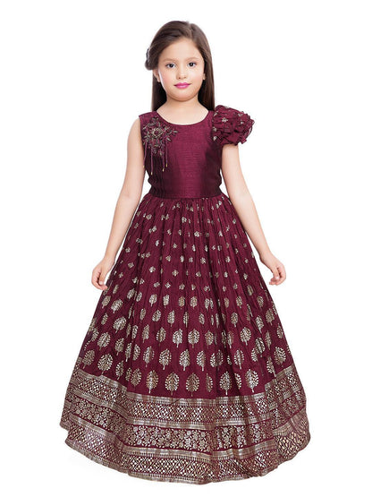 Marun Coloured One Side Sleeve Design Gown For Girls - Betty Ethnic India - Gown - Betty Girls Wear Online