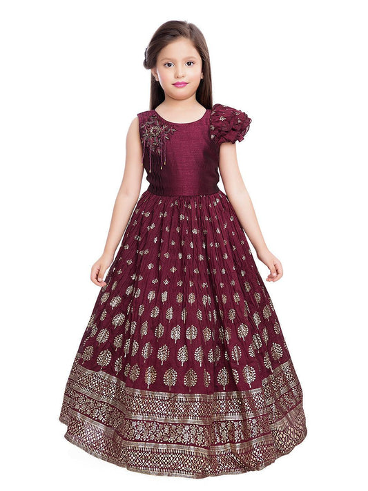 Marun Coloured One Side Sleeve Design Gown For Girls - Betty Ethnic India - Gown - Betty Girls Wear Online