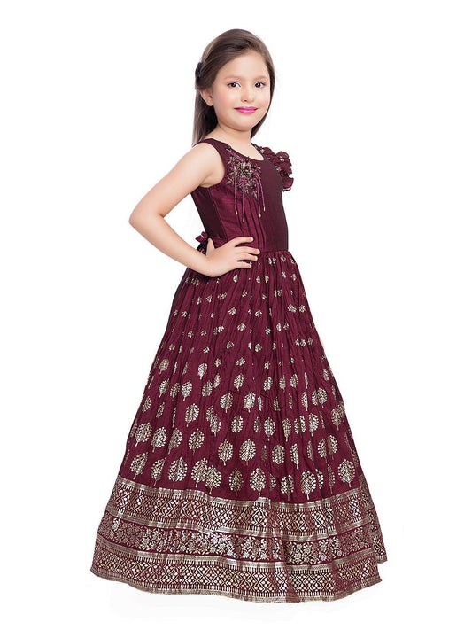 Marun Coloured One Side Sleeve Design Gown For Girls - Betty Ethnic India - Gown - Betty Girls Wear Online