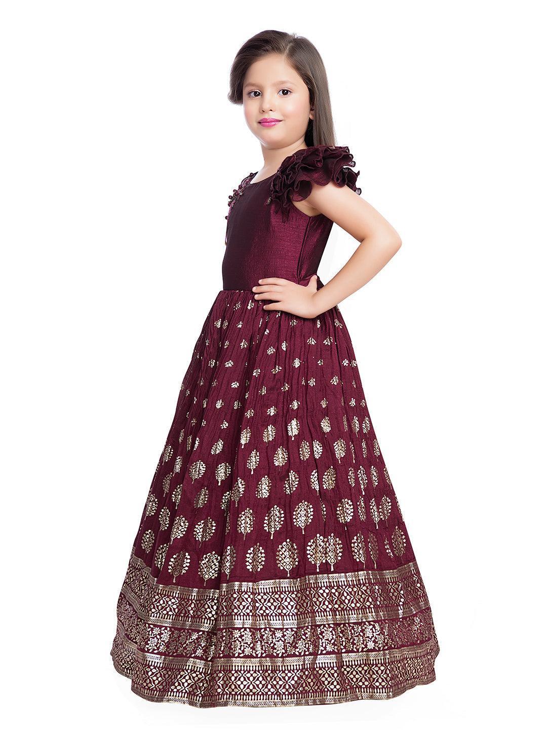 Marun Coloured One Side Sleeve Design Gown For Girls - Betty Ethnic India - Gown - Betty Girls Wear Online
