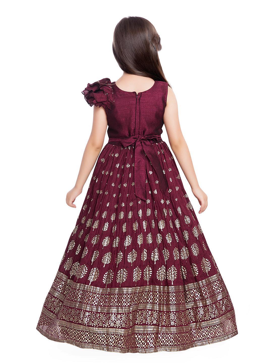 Marun Coloured One Side Sleeve Design Gown For Girls - Betty Ethnic India - Gown - Betty Girls Wear Online