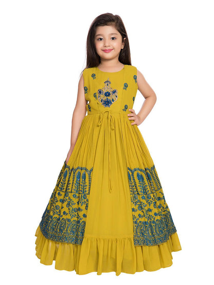 Mustard and Green Ethnic Motifs Embellished Georgette Jacket Styled Gown For Girls - Betty Ethnic India - Gown - Betty Girls Wear Online