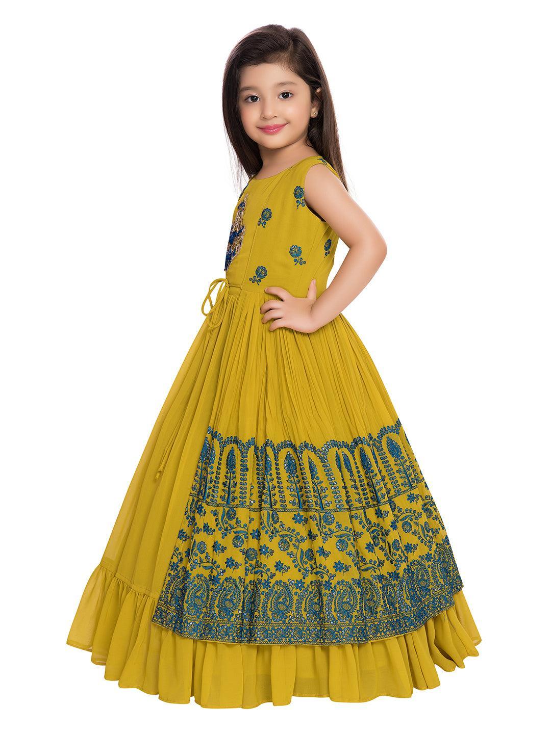 Mustard and Green Ethnic Motifs Embellished Georgette Jacket Styled Gown For Girls - Betty Ethnic India - Gown - Betty Girls Wear Online