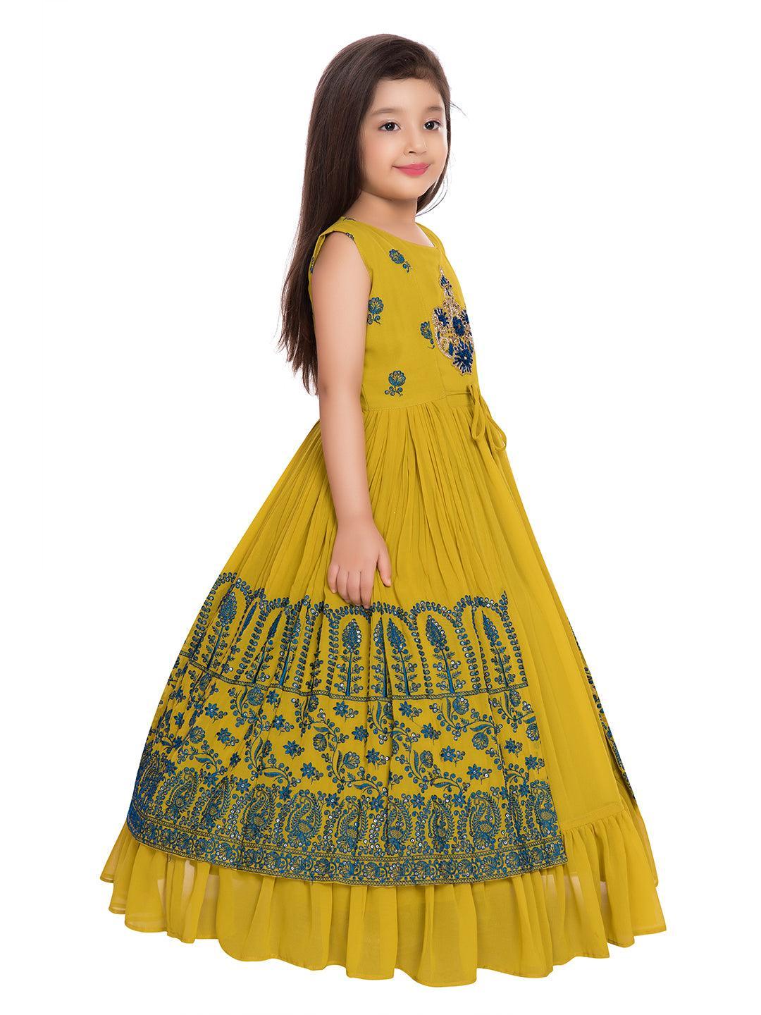 Mustard and Green Ethnic Motifs Embellished Georgette Jacket Styled Gown For Girls - Betty Ethnic India - Gown - Betty Girls Wear Online