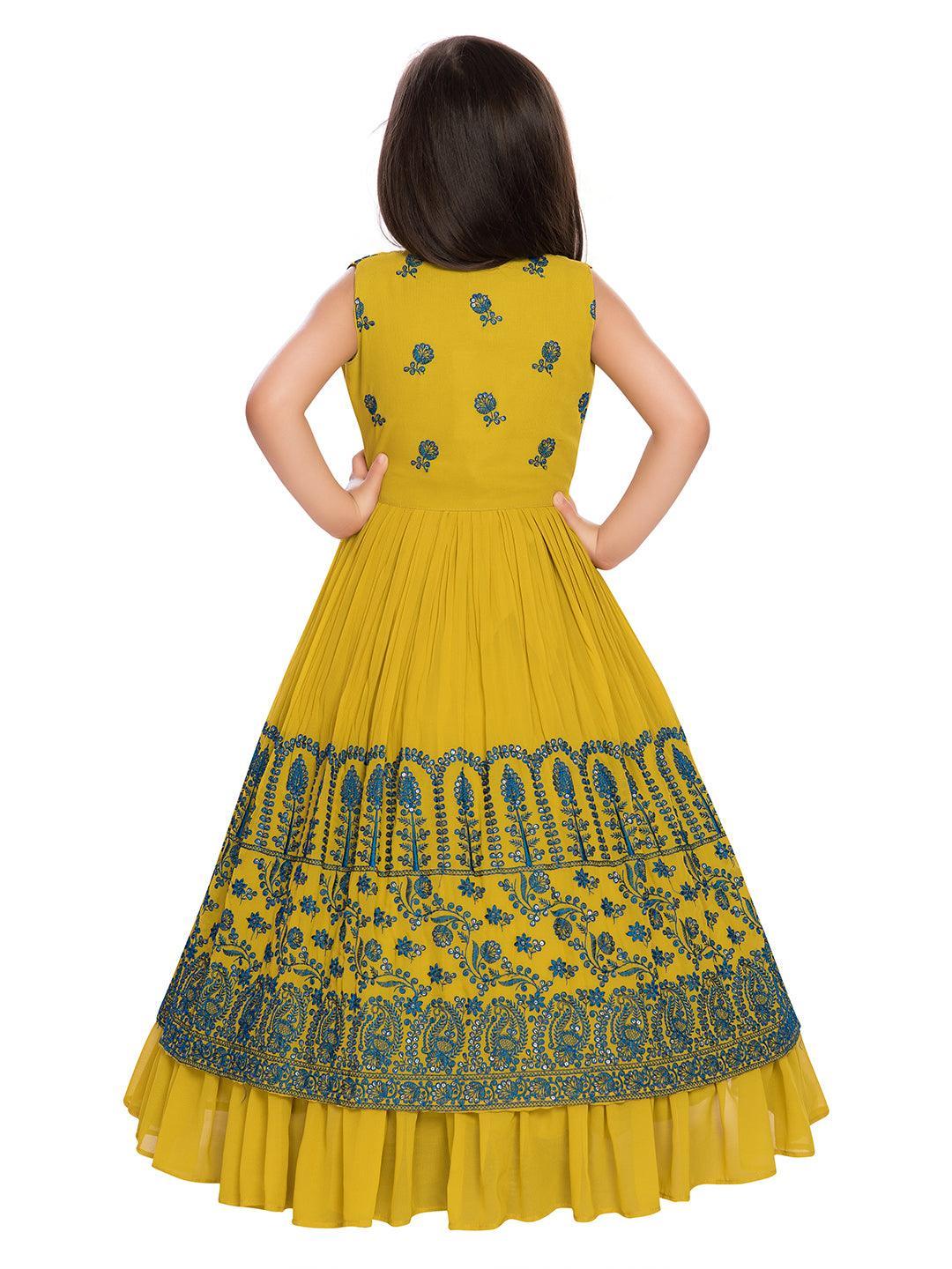 Mustard and Green Ethnic Motifs Embellished Georgette Jacket Styled Gown For Girls - Betty Ethnic India - Gown - Betty Girls Wear Online