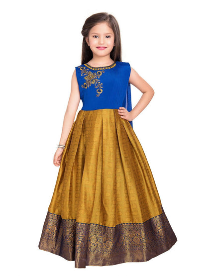 Mustard Coloured Floral Silk Dupatta Styled Gown For Girls - Betty Ethnic India - Gown - Betty Girls Wear Online