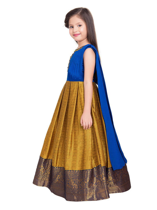 Mustard Coloured Floral Silk Dupatta Styled Gown For Girls - Betty Ethnic India - Gown - Betty Girls Wear Online