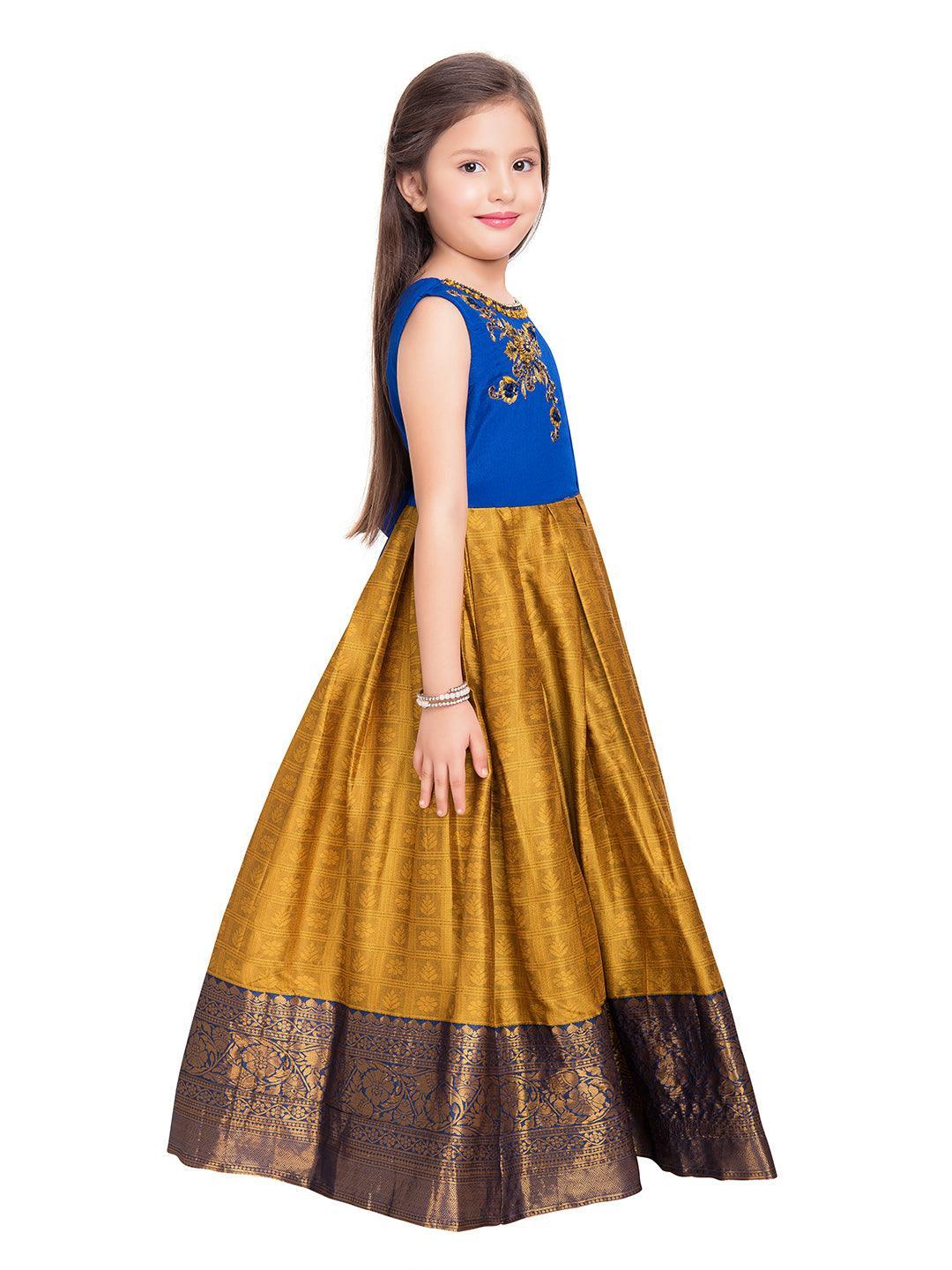 Mustard Coloured Floral Silk Dupatta Styled Gown For Girls - Betty Ethnic India - Gown - Betty Girls Wear Online