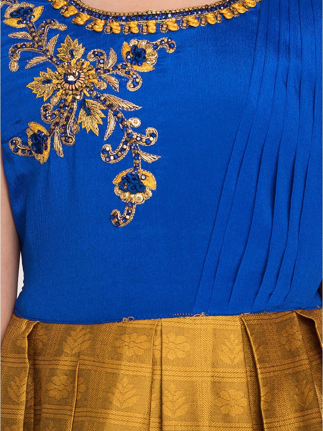 Mustard Coloured Floral Silk Dupatta Styled Gown For Girls - Betty Ethnic India - Gown - Betty Girls Wear Online