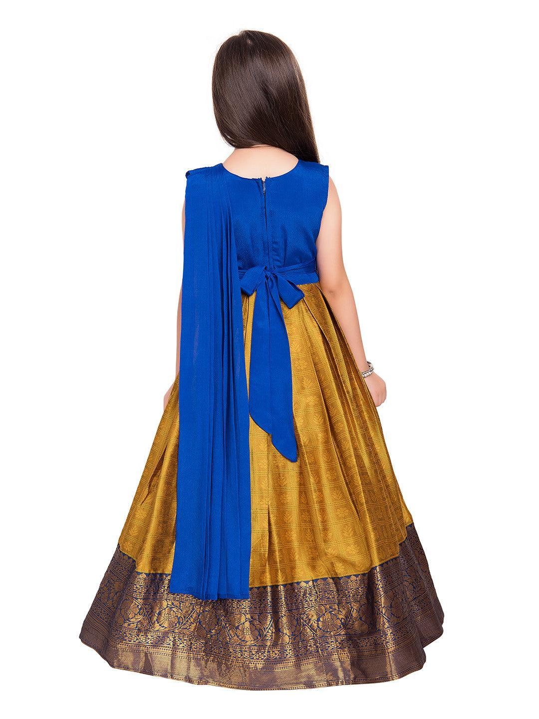 Mustard Coloured Floral Silk Dupatta Styled Gown For Girls - Betty Ethnic India - Gown - Betty Girls Wear Online