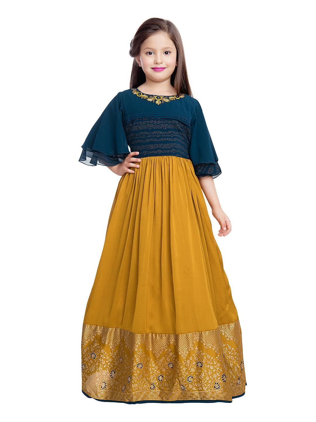 Mustard Coloured Georgette Bell Sleeve Styled Gown For Girls - Betty Ethnic India - Gown - Betty Girls Wear Online