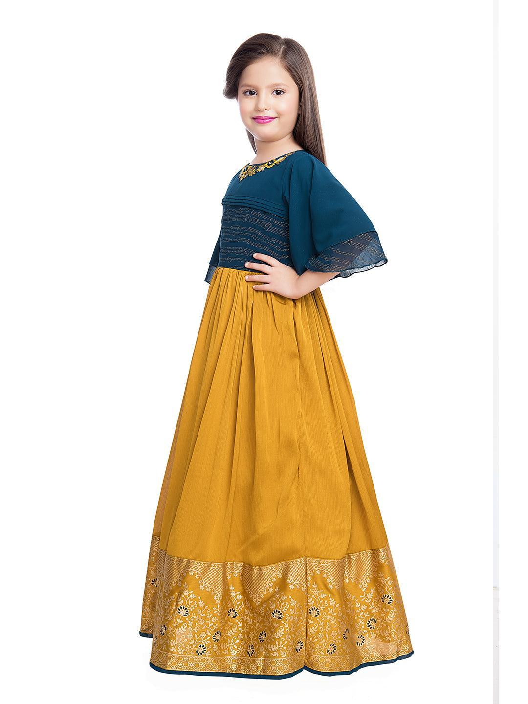 Mustard Coloured Georgette Bell Sleeve Styled Gown For Girls - Betty Ethnic India - Gown - Betty Girls Wear Online