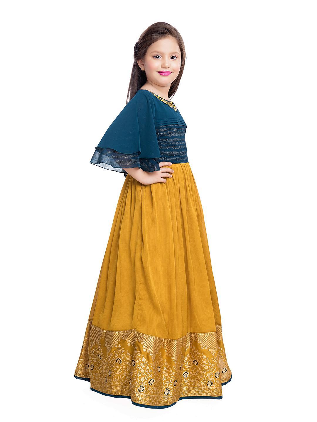 Mustard Coloured Georgette Bell Sleeve Styled Gown For Girls - Betty Ethnic India - Gown - Betty Girls Wear Online