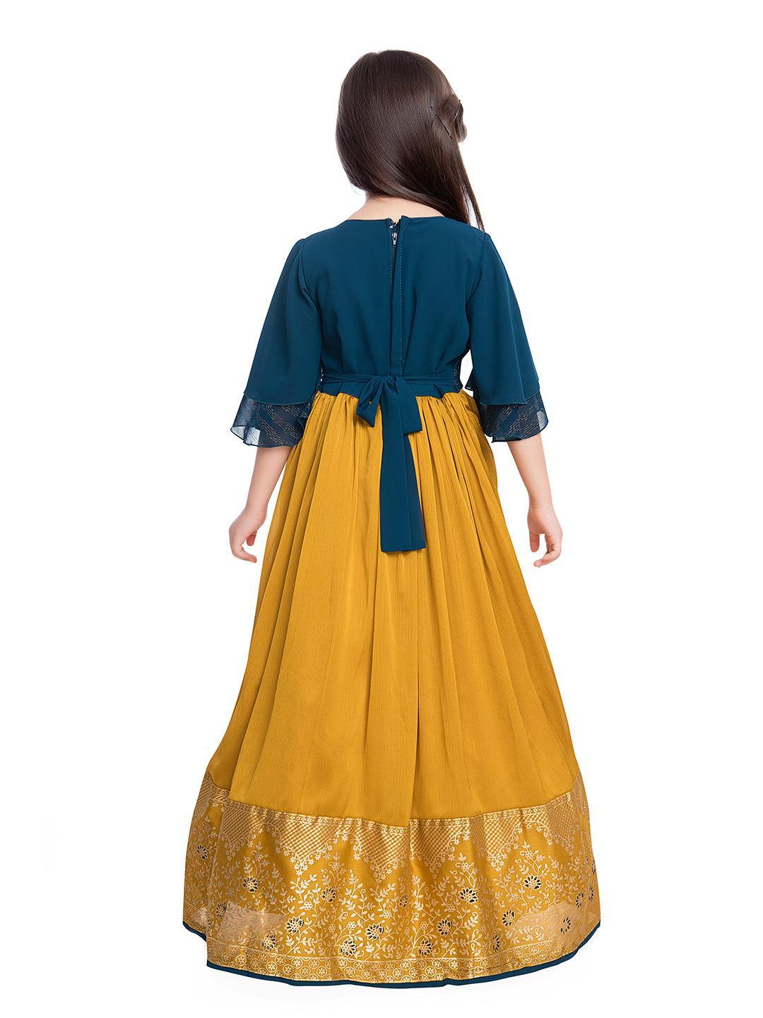 Mustard Coloured Georgette Bell Sleeve Styled Gown For Girls - Betty Ethnic India - Gown - Betty Girls Wear Online