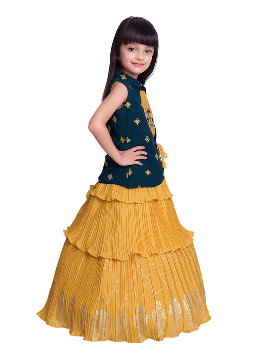 Mustard Coloured Gown And Blue Coloured Jacket Floral Chinon Fit & Flare Gown For Girls - Betty Ethnic India - Gown - Betty Girls Wear Online