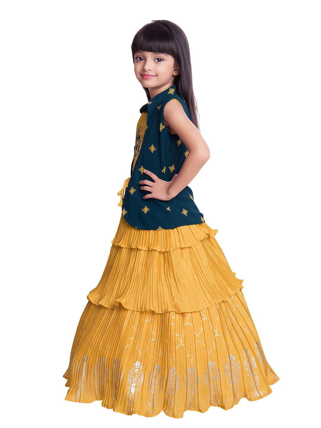 Mustard Coloured Gown And Blue Coloured Jacket Floral Chinon Fit & Flare Gown For Girls - Betty Ethnic India - Gown - Betty Girls Wear Online