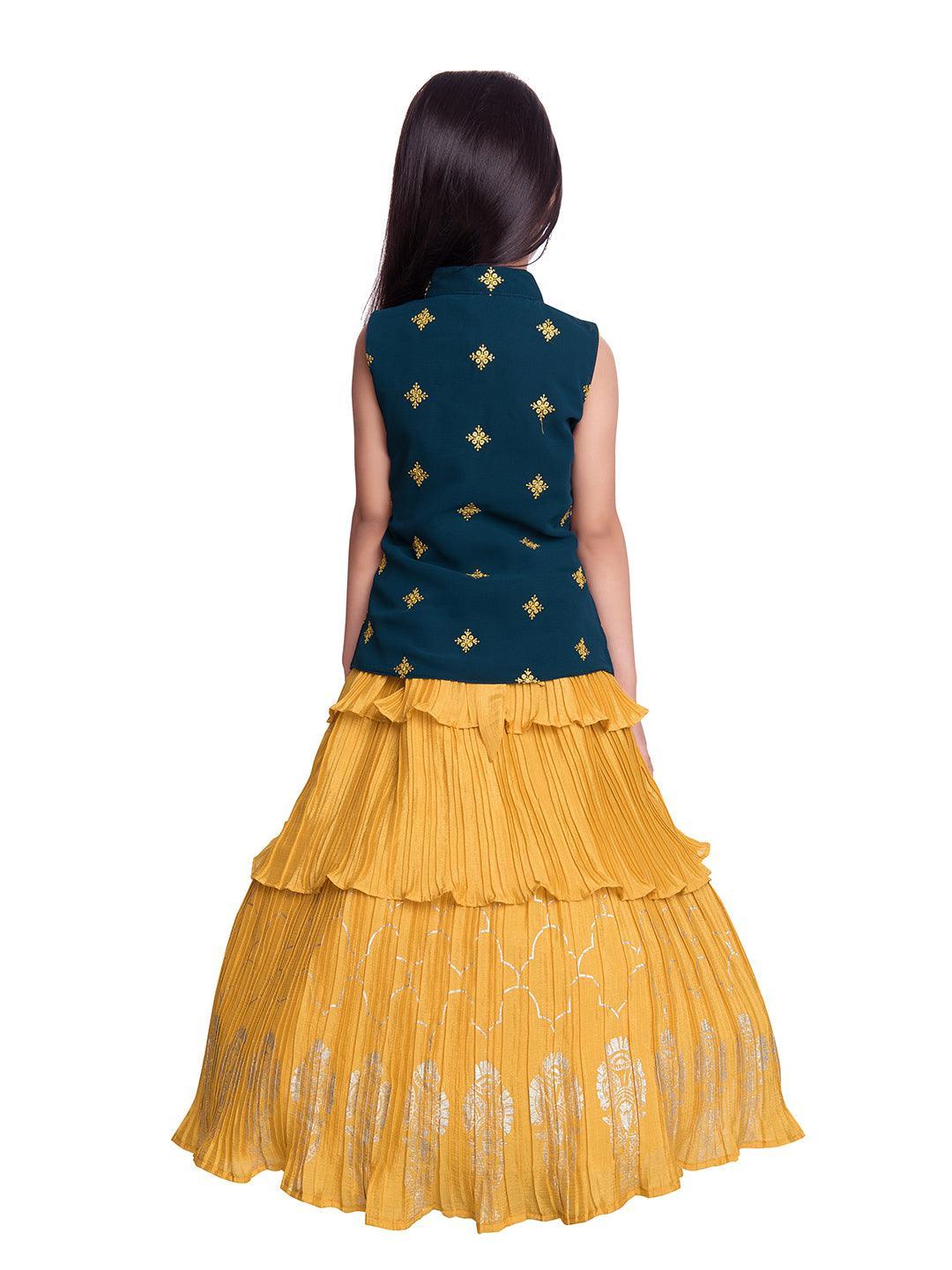 Mustard Coloured Gown And Blue Coloured Jacket Floral Chinon Fit & Flare Gown For Girls - Betty Ethnic India - Gown - Betty Girls Wear Online