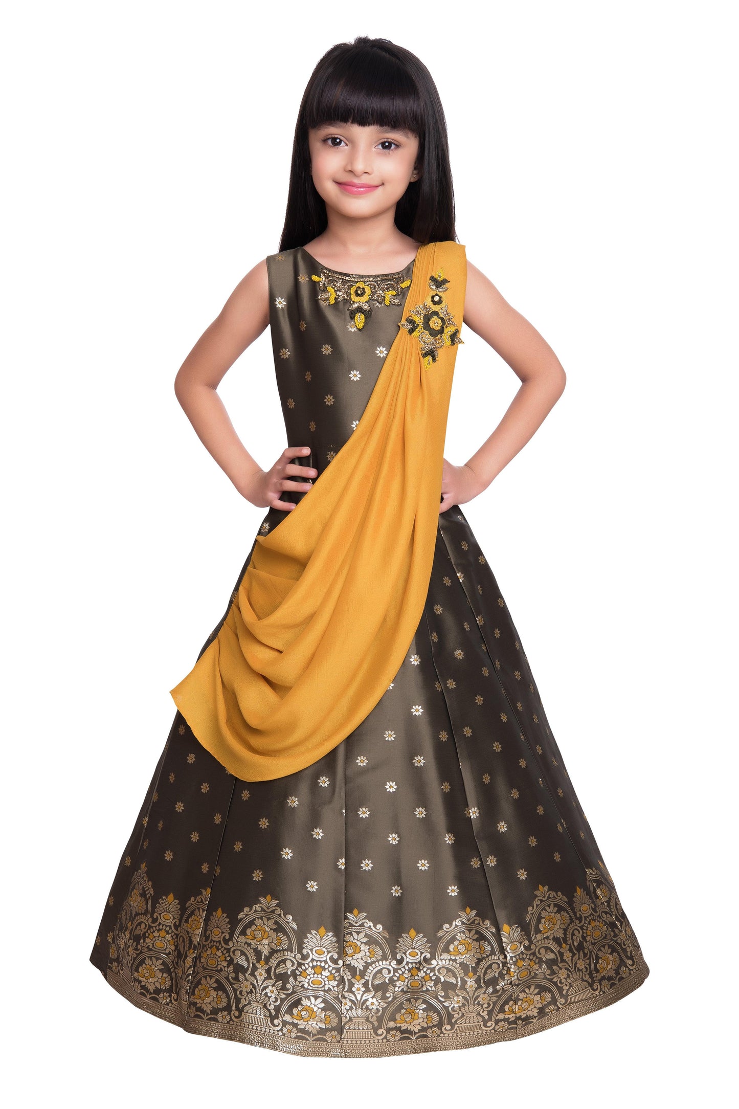 Mustard Yellow & Brown Embellished Broket Gown With Dupatta Style Gown For Girls - Betty Ethnic India - Gown - Betty Girls Wear Online