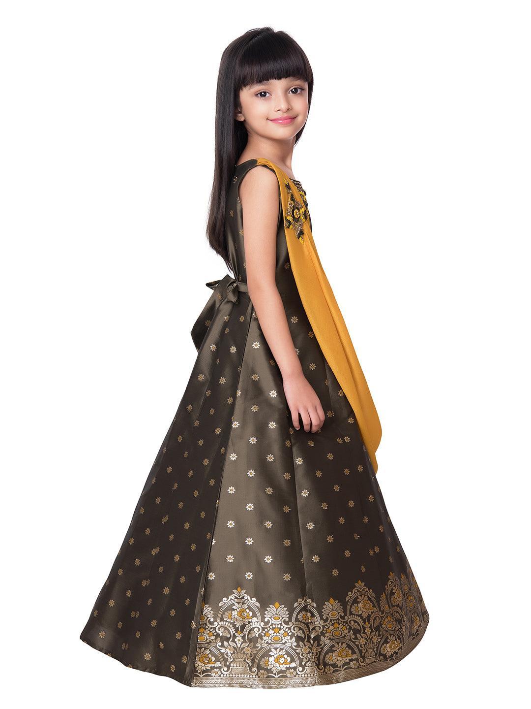 Mustard Yellow & Brown Embellished Broket Gown With Dupatta Style Gown For Girls - Betty Ethnic India - Gown - Betty Girls Wear Online