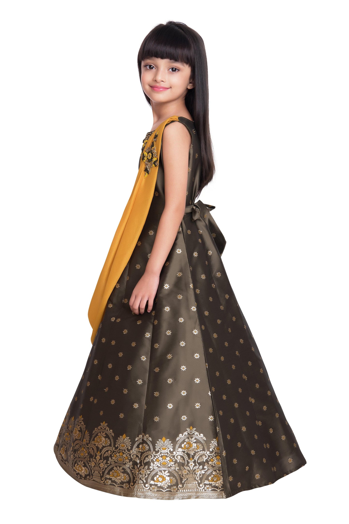 Mustard Yellow & Brown Embellished Broket Gown With Dupatta Style Gown For Girls - Betty Ethnic India - Gown - Betty Girls Wear Online