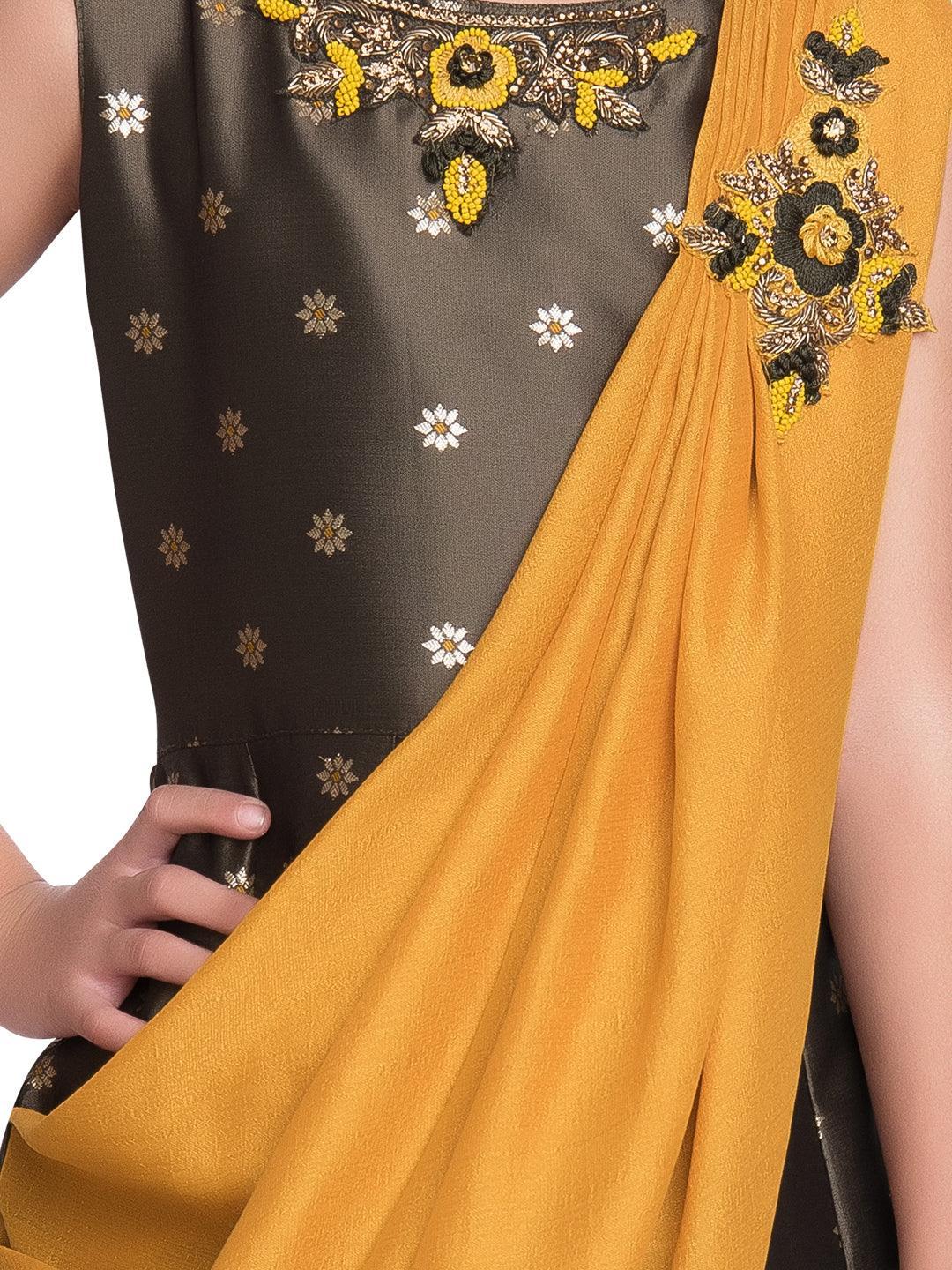 Mustard Yellow & Brown Embellished Broket Gown With Dupatta Style Gown For Girls - Betty Ethnic India - Gown - Betty Girls Wear Online