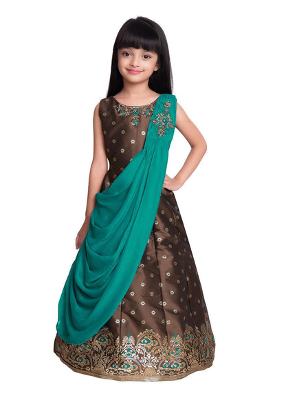 Mustard Yellow & Brown Embellished Broket Gown With Dupatta Style Gown For Girls - Betty Ethnic India - Gown - Betty Girls Wear Online