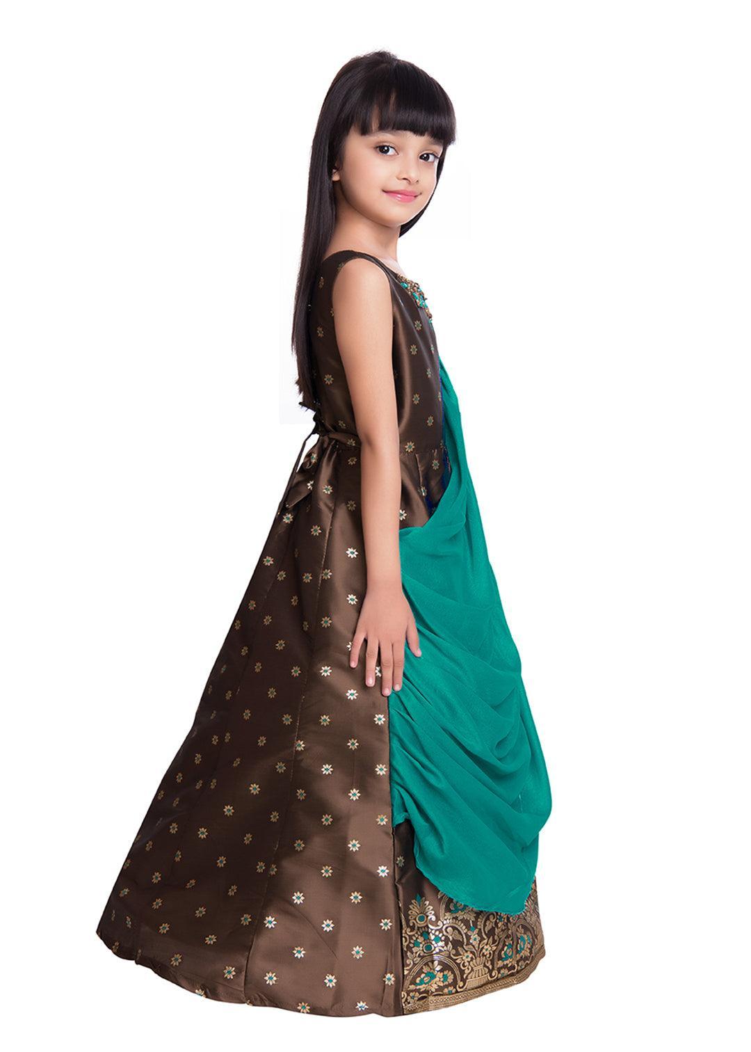 Mustard Yellow & Brown Embellished Broket Gown With Dupatta Style Gown For Girls - Betty Ethnic India - Gown - Betty Girls Wear Online