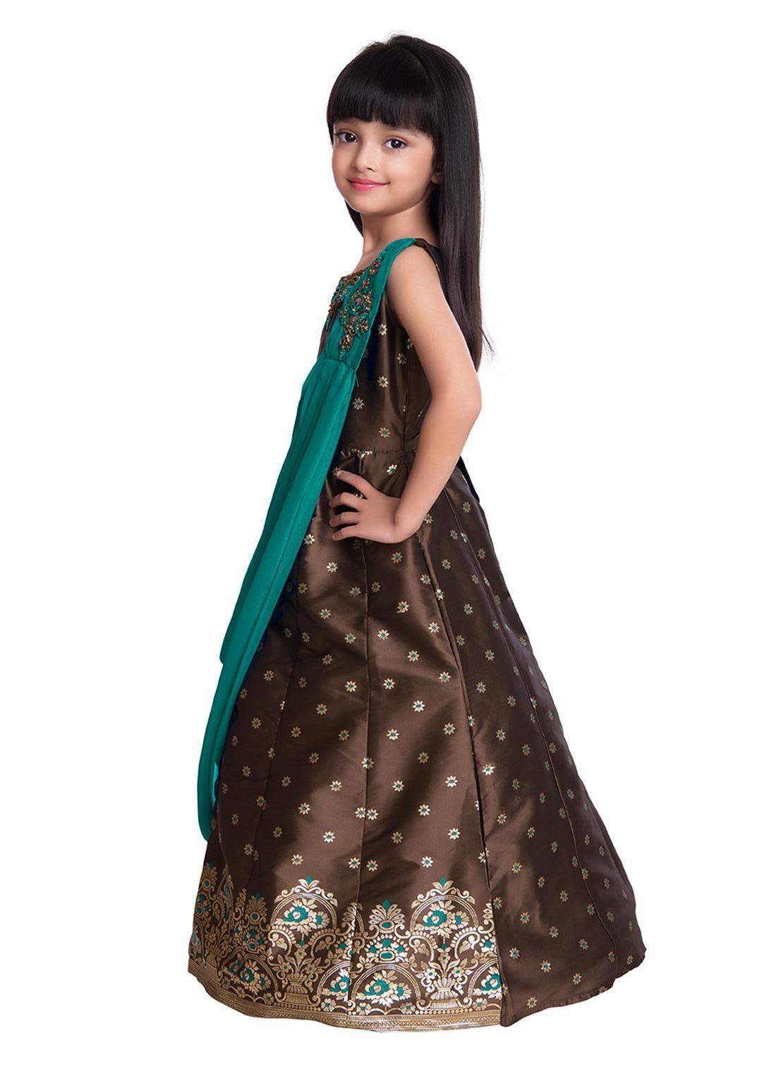 Mustard Yellow & Brown Embellished Broket Gown With Dupatta Style Gown For Girls - Betty Ethnic India - Gown - Betty Girls Wear Online