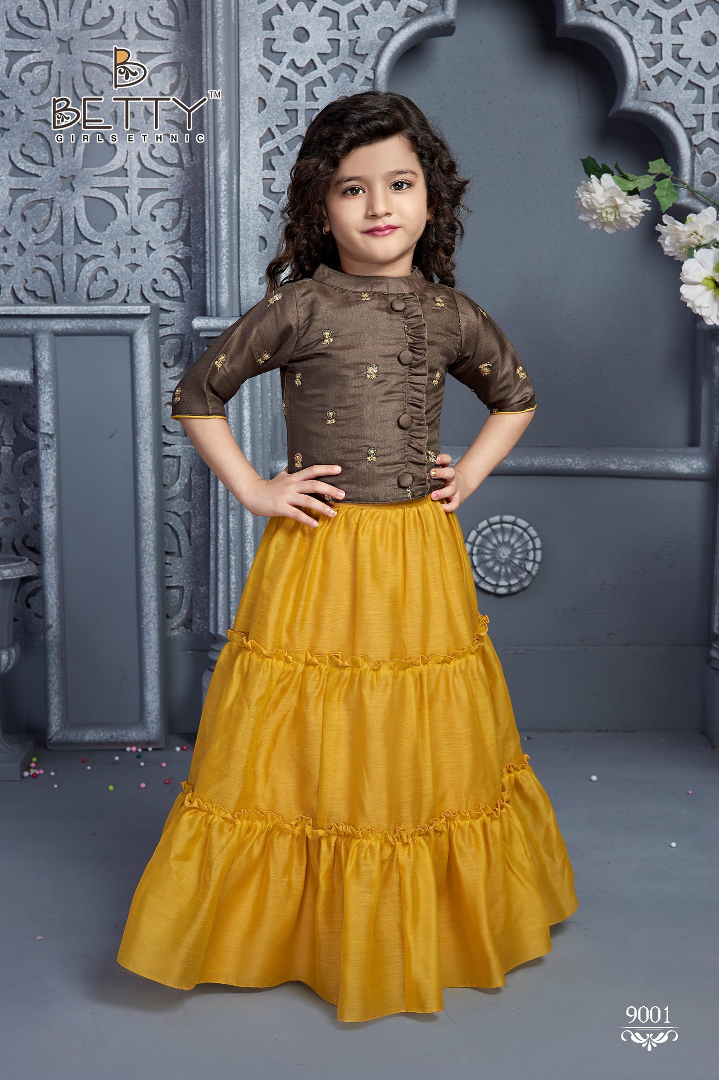 Mustard Yellow & Brown Embellished Ready To Wear Lehenga & Choli For Girls - Betty Ethnic India - Saris & Lehengas - Betty Girls Wear Online