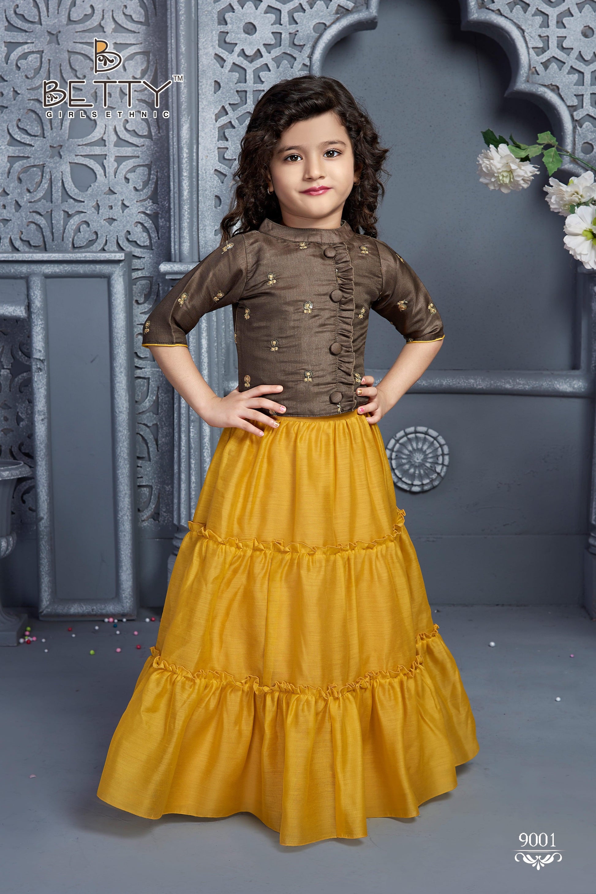 Mustard Yellow & Brown Embellished Ready To Wear Lehenga & Choli For Girls - Betty Ethnic India - Saris & Lehengas - Betty Girls Wear Online