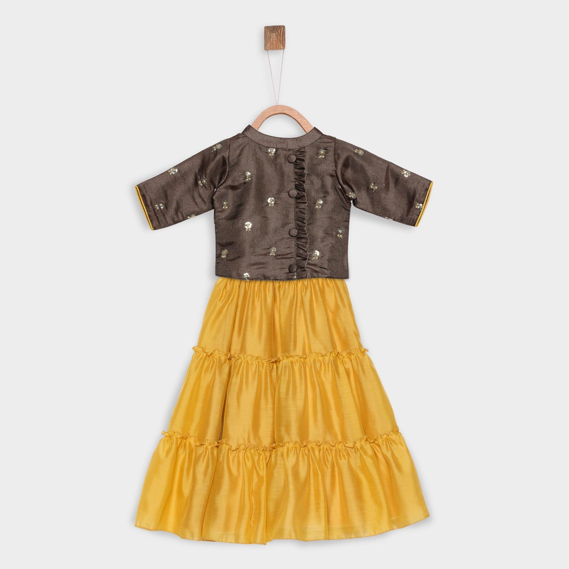 Mustard Yellow & Brown Embellished Ready To Wear Lehenga & Choli For Girls - Betty Ethnic India - Saris & Lehengas - Betty Girls Wear Online