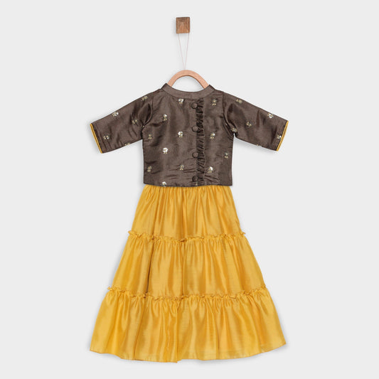 Mustard Yellow & Brown Embellished Ready To Wear Lehenga & Choli For Girls - Betty Ethnic India - Saris & Lehengas - Betty Girls Wear Online