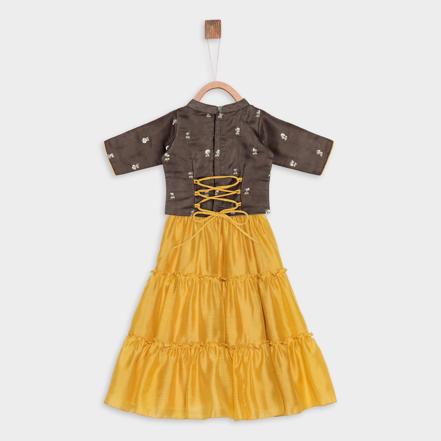 Mustard Yellow & Brown Embellished Ready To Wear Lehenga & Choli For Girls - Betty Ethnic India - Saris & Lehengas - Betty Girls Wear Online