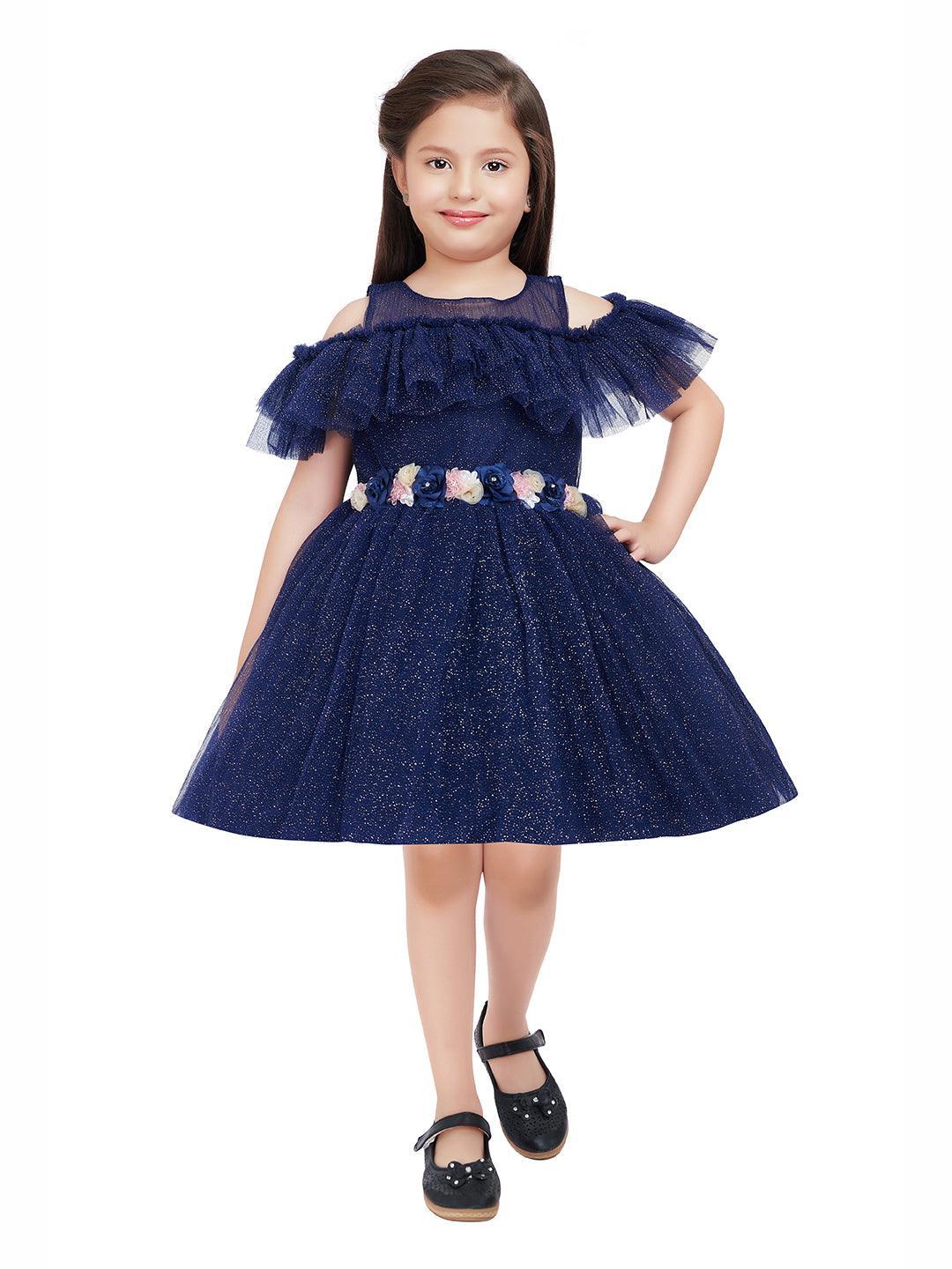 Navy Blue Coloured Imported Net Simple Design Off Shoulder Pattern Party Wear Frock For Girls - Betty Ethnic India - Frock - Betty Girls Wear Online