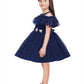 Navy Blue Coloured Imported Net Simple Design Off Shoulder Pattern Party Wear Frock For Girls - Betty Ethnic India - Frock - Betty Girls Wear Online