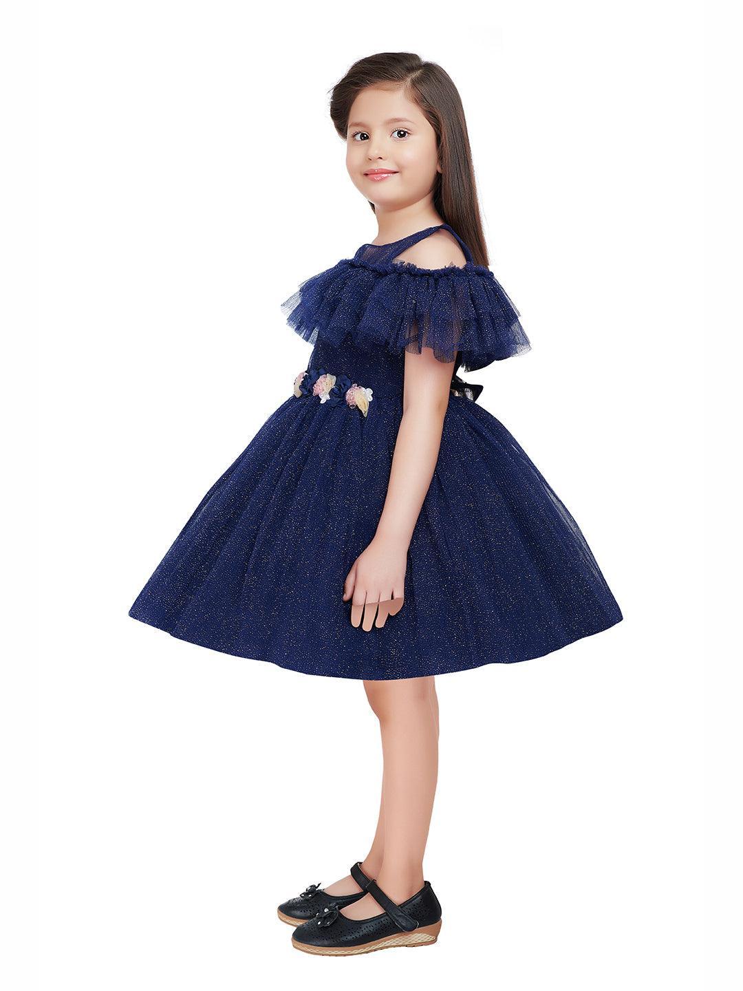 Navy Blue Coloured Imported Net Simple Design Off Shoulder Pattern Party Wear Frock For Girls - Betty Ethnic India - Frock - Betty Girls Wear Online