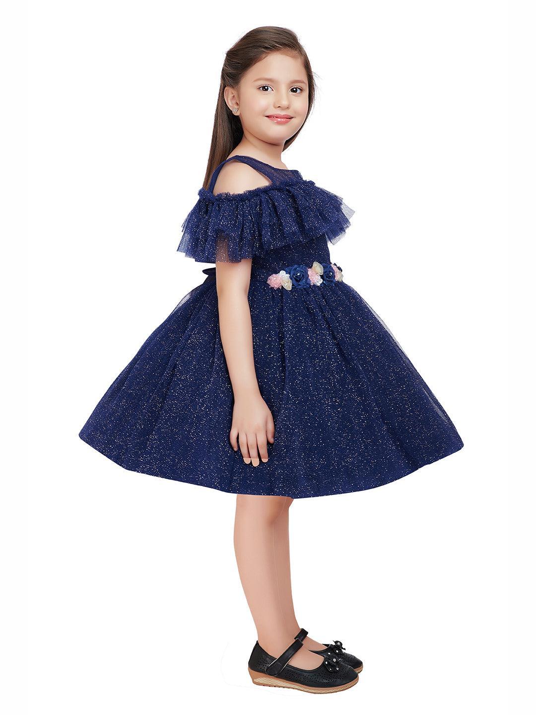 Navy Blue Coloured Imported Net Simple Design Off Shoulder Pattern Party Wear Frock For Girls - Betty Ethnic India - Frock - Betty Girls Wear Online