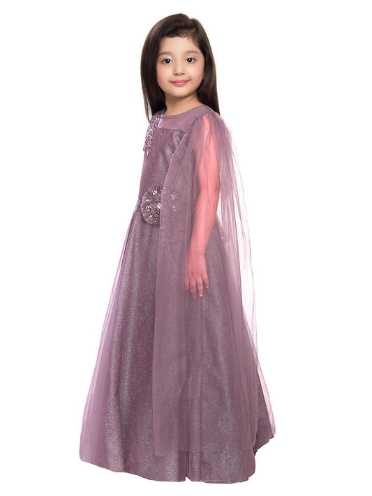 Orchid Coloured Embellished One Sided Sleeve Net Gown For Girls - Betty Ethnic India - Gown - Betty Girls Wear Online