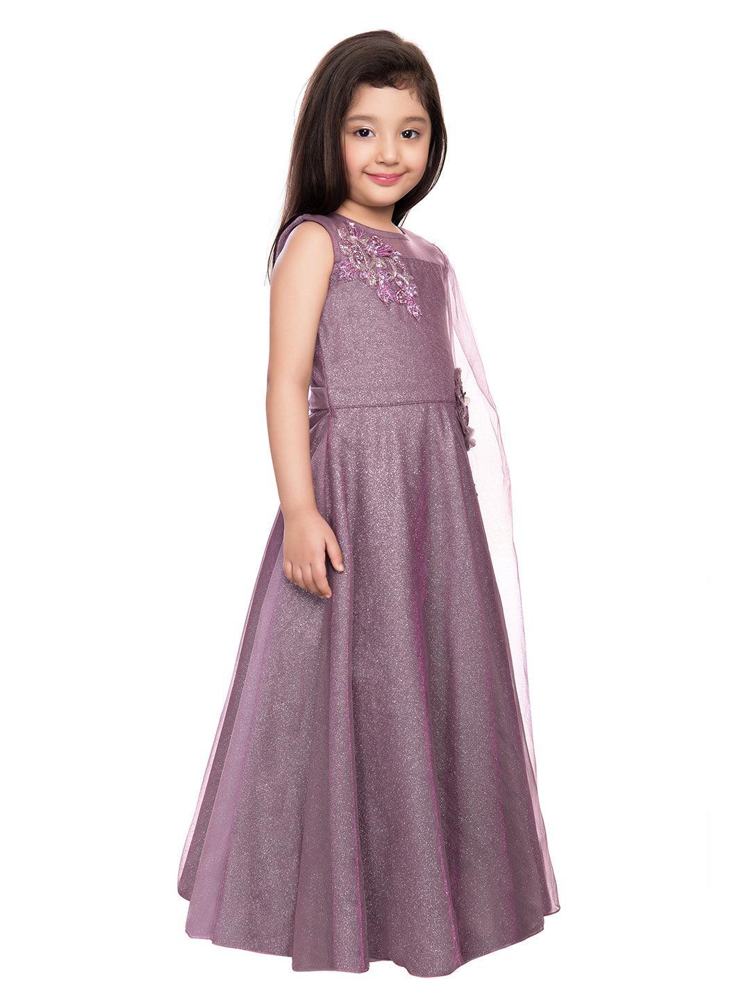 Orchid Coloured Embellished One Sided Sleeve Net Gown For Girls - Betty Ethnic India - Gown - Betty Girls Wear Online