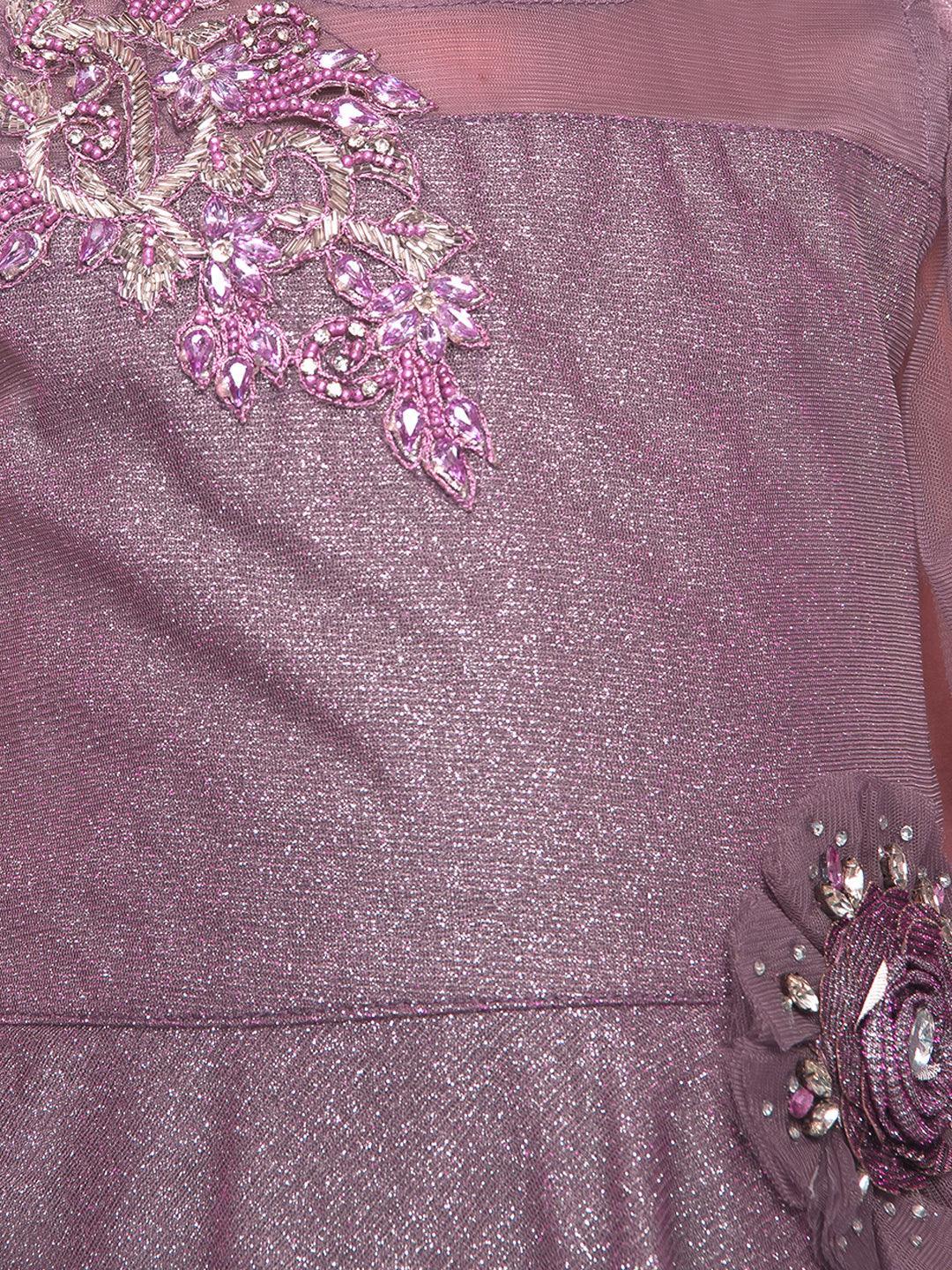 Orchid Coloured Embellished One Sided Sleeve Net Gown For Girls - Betty Ethnic India - Gown - Betty Girls Wear Online