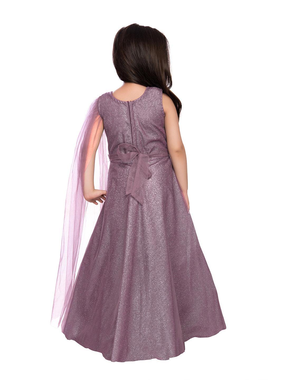 Orchid Coloured Embellished One Sided Sleeve Net Gown For Girls - Betty Ethnic India - Gown - Betty Girls Wear Online