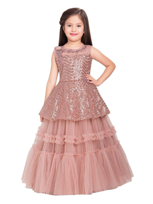 Orchid Coloured Embellished Peplum Styled Imported Net Gown For Girls - Betty Ethnic India - Gown - Betty Girls Wear Online