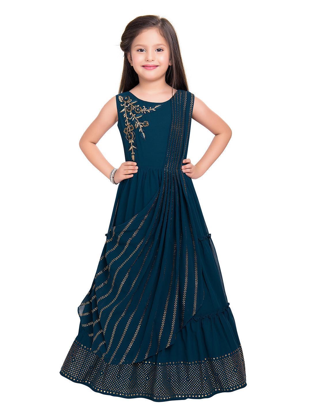 Peacock Blue Embellished Georgette Gown For Girls - Betty Ethnic India - Gown - Betty Girls Wear Online