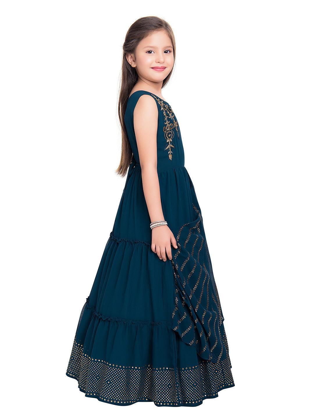 Peacock Blue Embellished Georgette Gown For Girls - Betty Ethnic India - Gown - Betty Girls Wear Online
