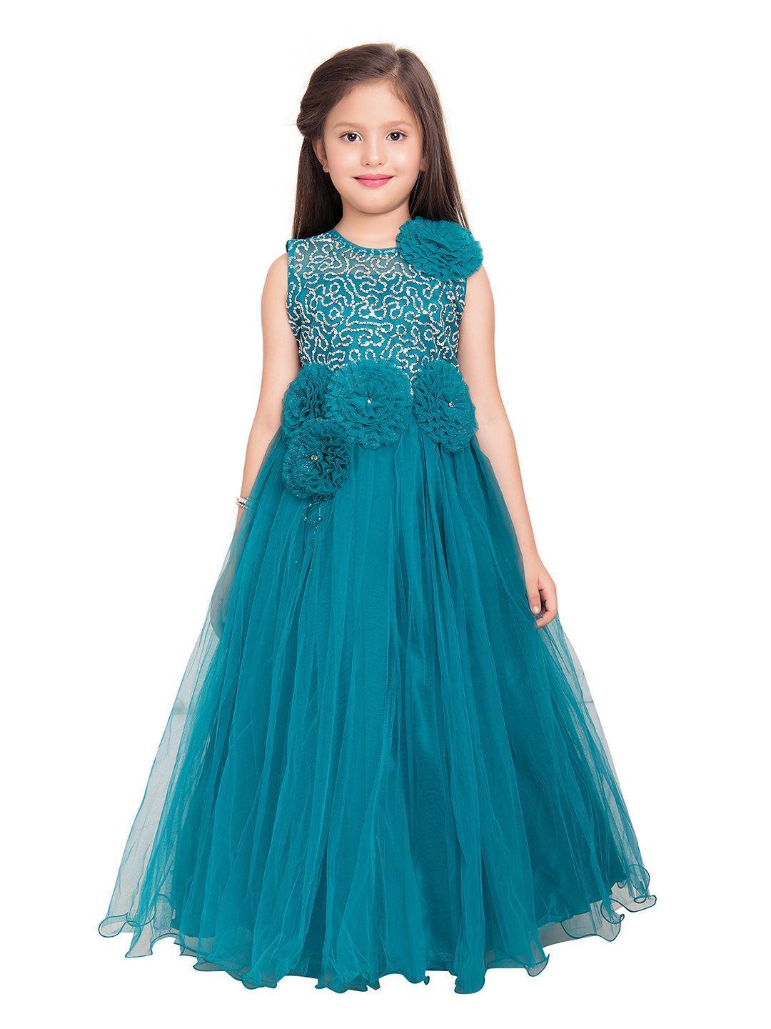 Peacock Blue Embellished Net Gown For Girls - Betty Ethnic India - Gown - Betty Girls Wear Online