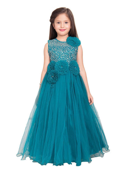 Peacock Blue Embellished Net Gown For Girls - Betty Ethnic India - Gown - Betty Girls Wear Online