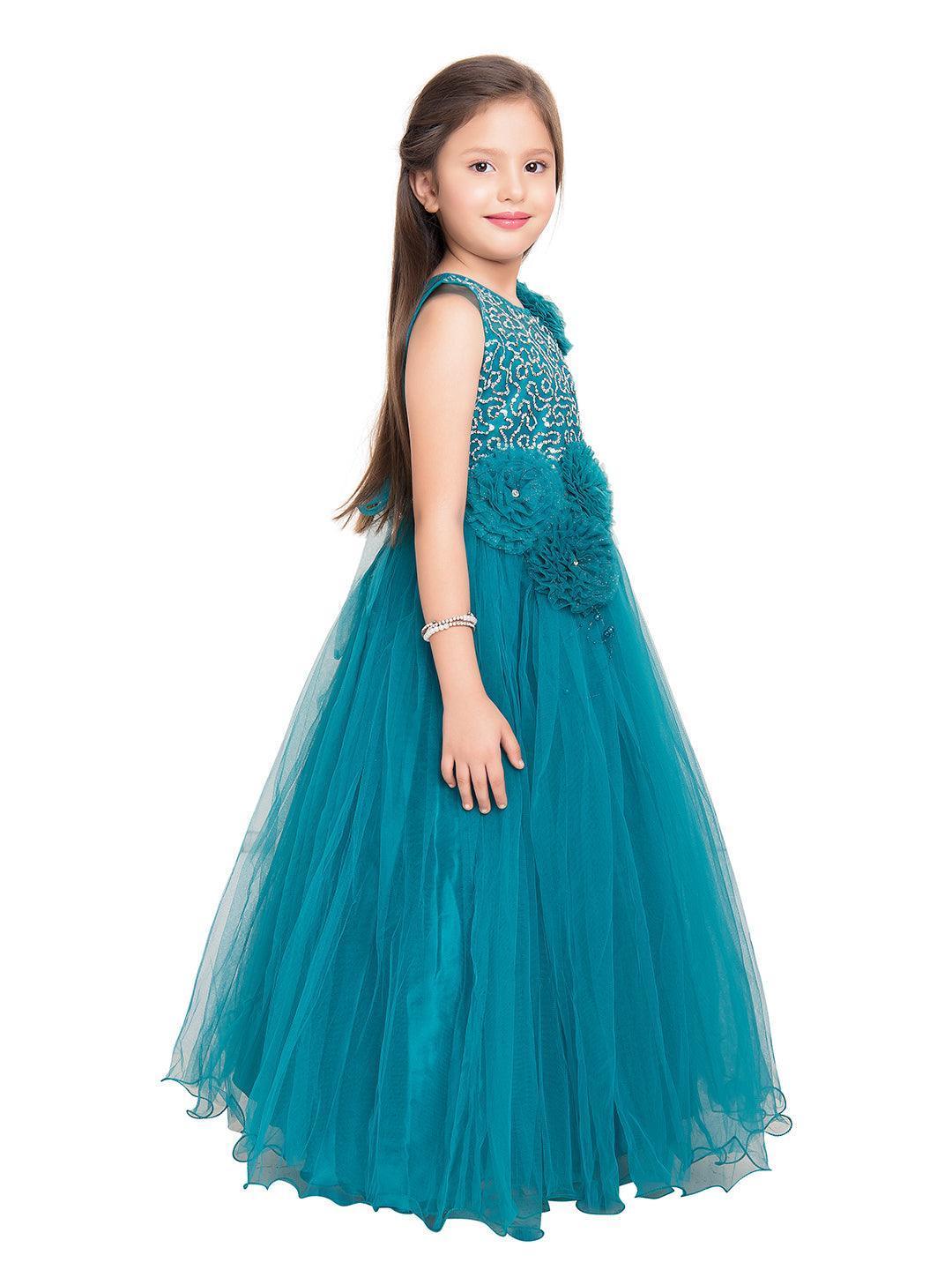 Peacock Blue Embellished Net Gown For Girls - Betty Ethnic India - Gown - Betty Girls Wear Online
